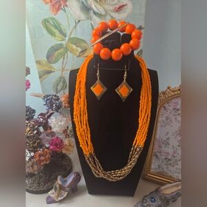 Orange & Gold Beaded Jeweley Necklace Set